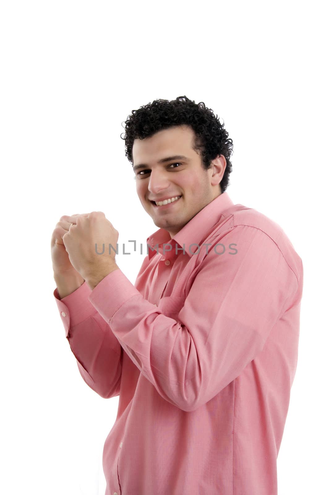 casual man symbolizing victory