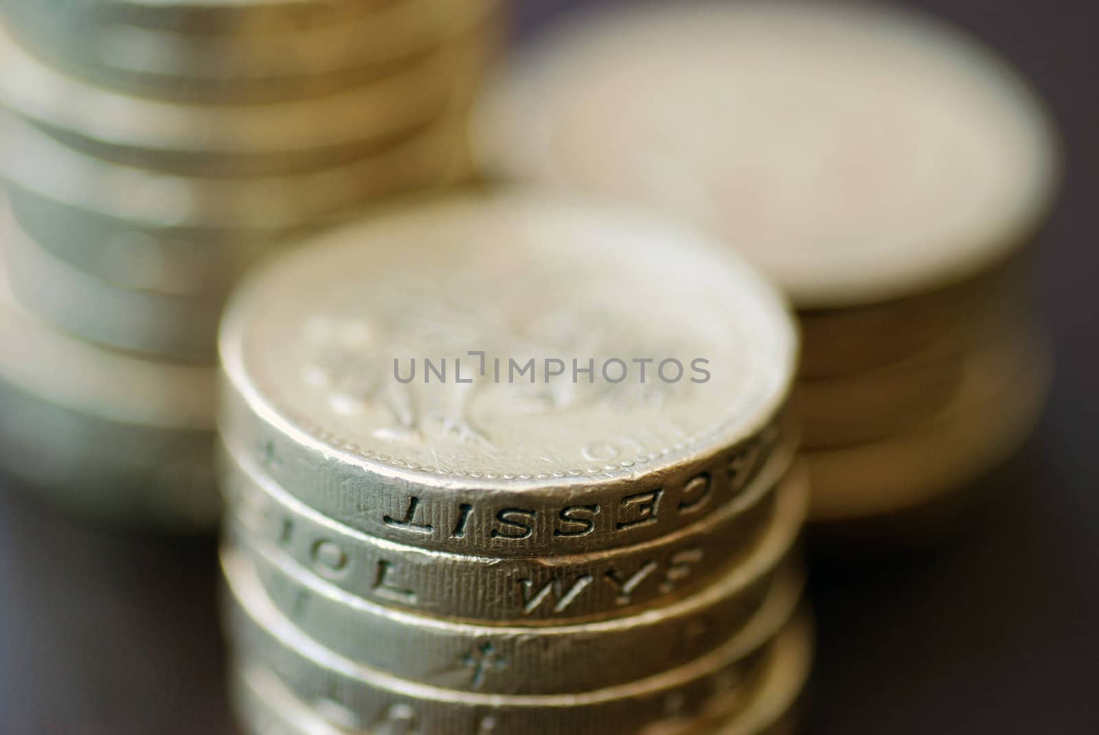 Extreme close up of coins taken with macro lens. Focused on markings on edge of coins.