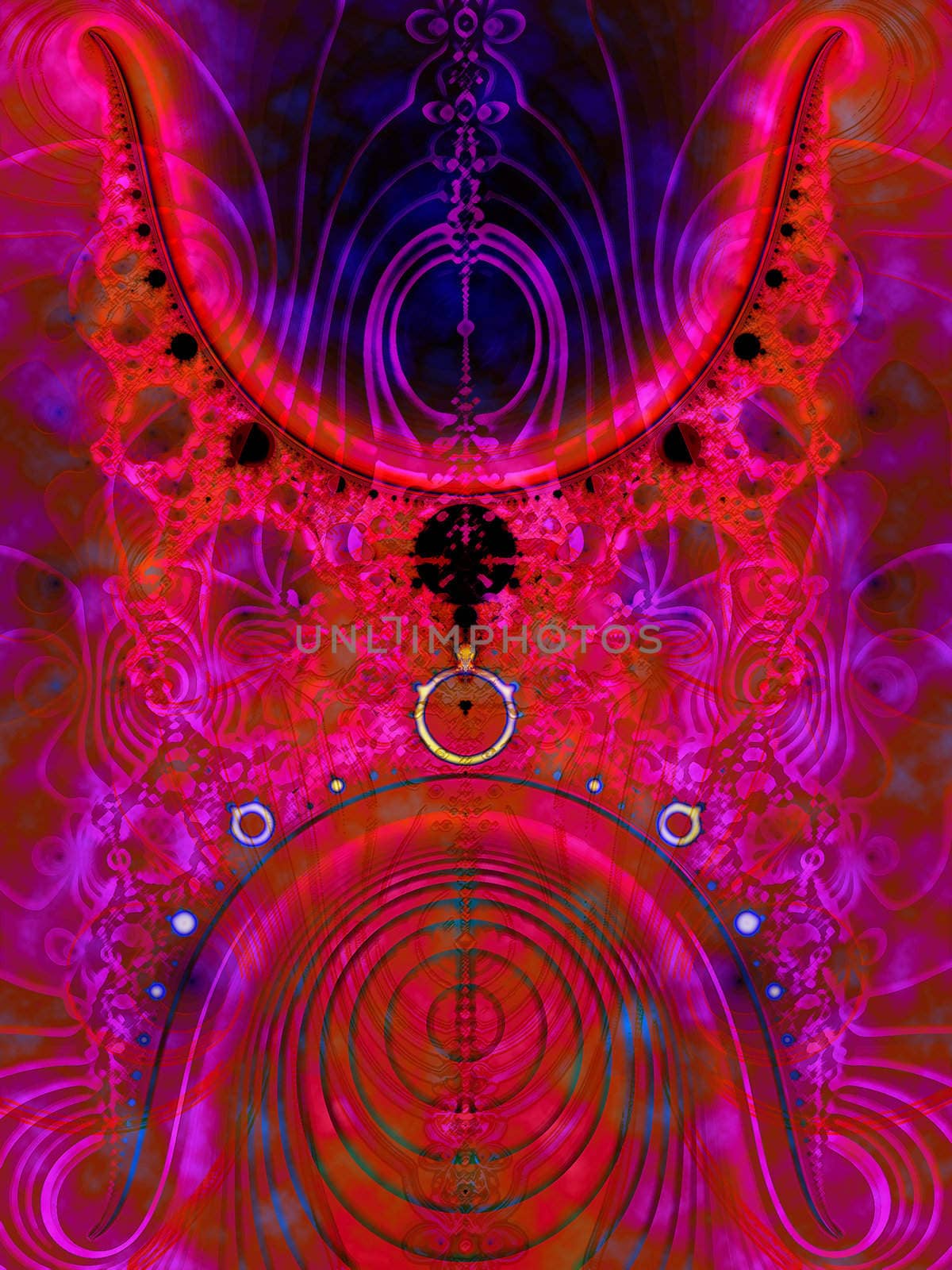 Pink Fractal Design With Circles and Planet Objects on Blue Background Very Saturated
