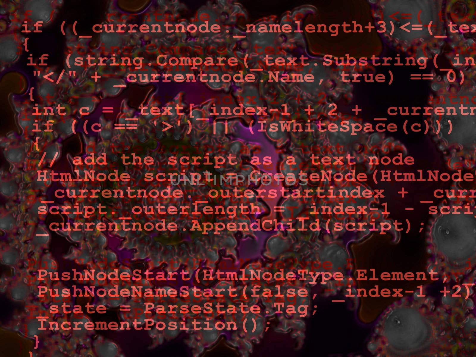 Red Programming Code Source Design on Dark Fractal Background