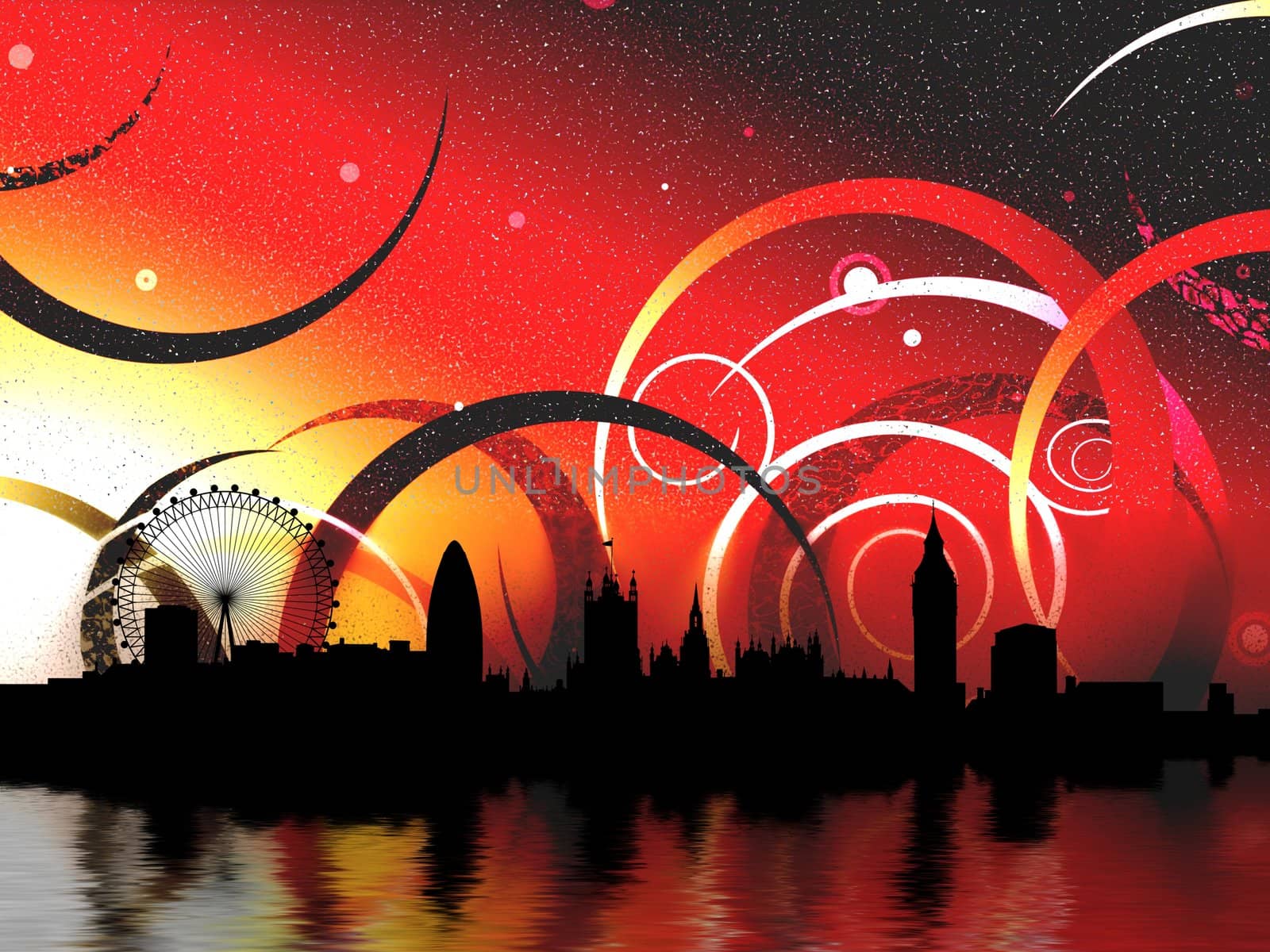 Illustration of London skyline with Retro shapes and patterns in the background and water in the foreground
