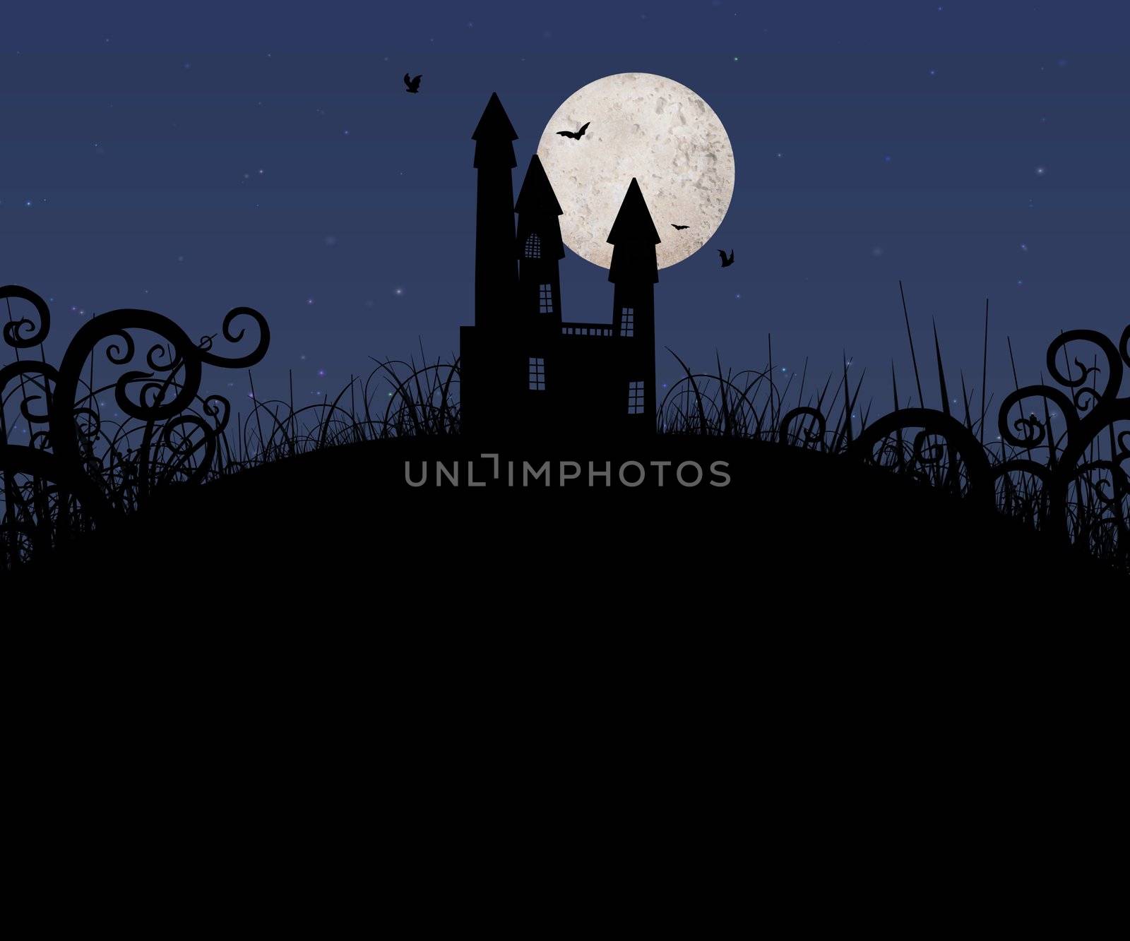 Illustration of a haunted house on a hill with the moon behind
