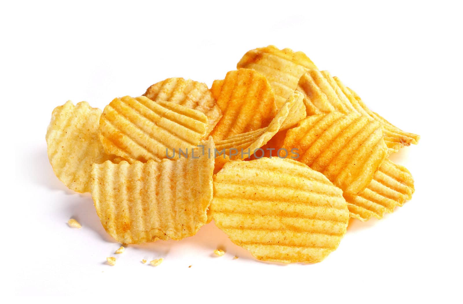 Pile of potato chips isolated on white background