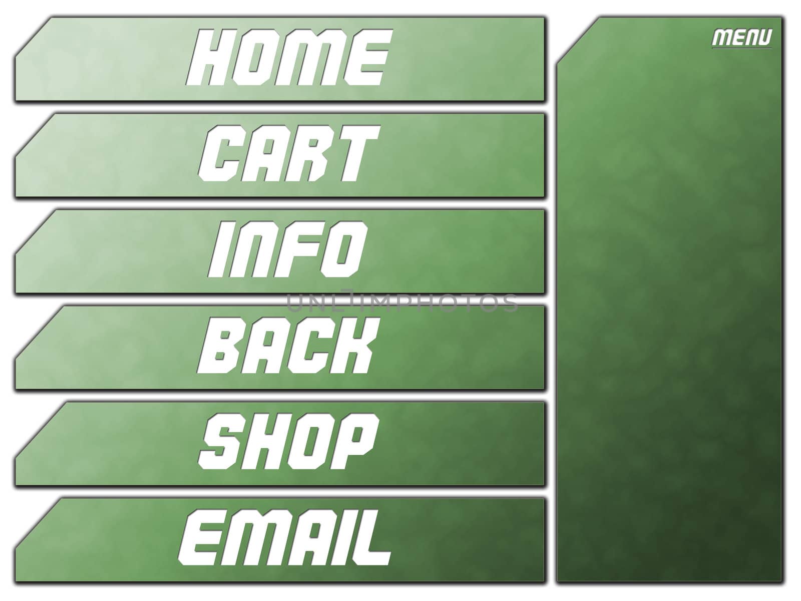 Green Futuristic Website Navigation Stone Buttons Home Cart Infor Back Shop Email