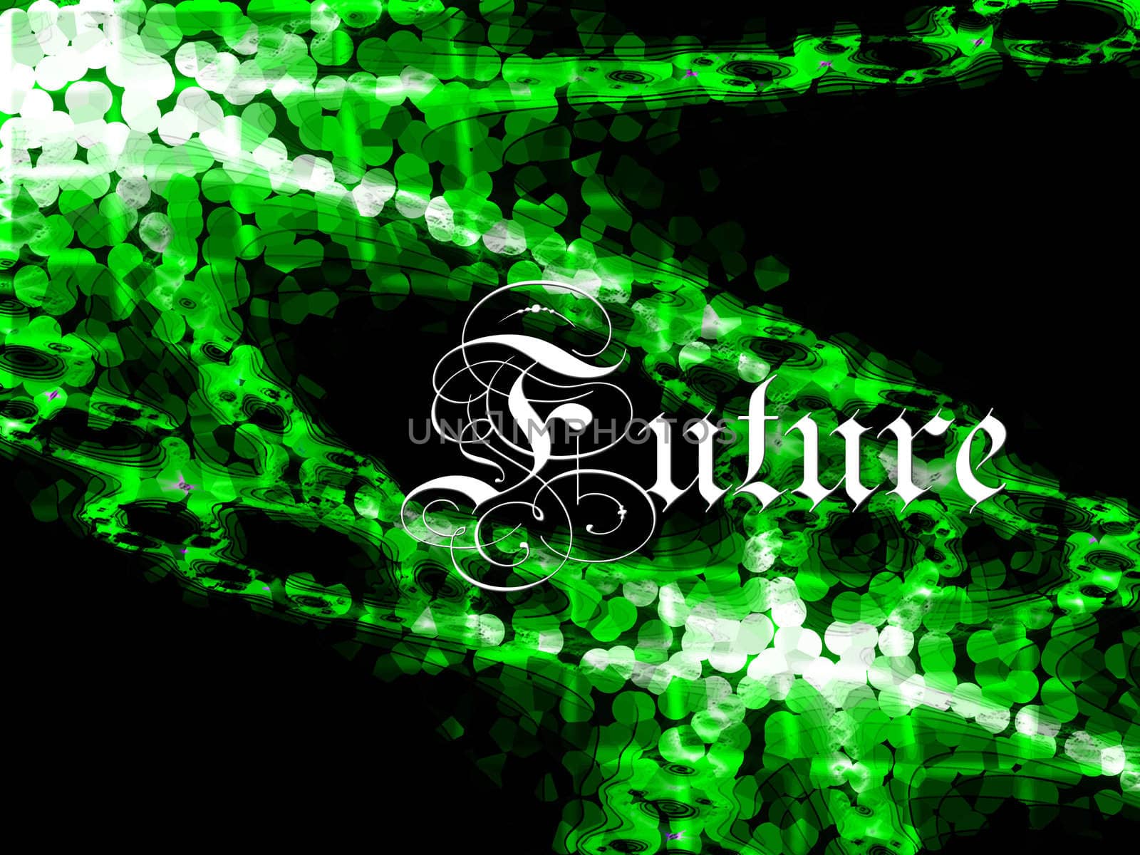 Futuristic 3d Green on Black Pixelated Fractal Pattern Abstract Texture With Text saying Future