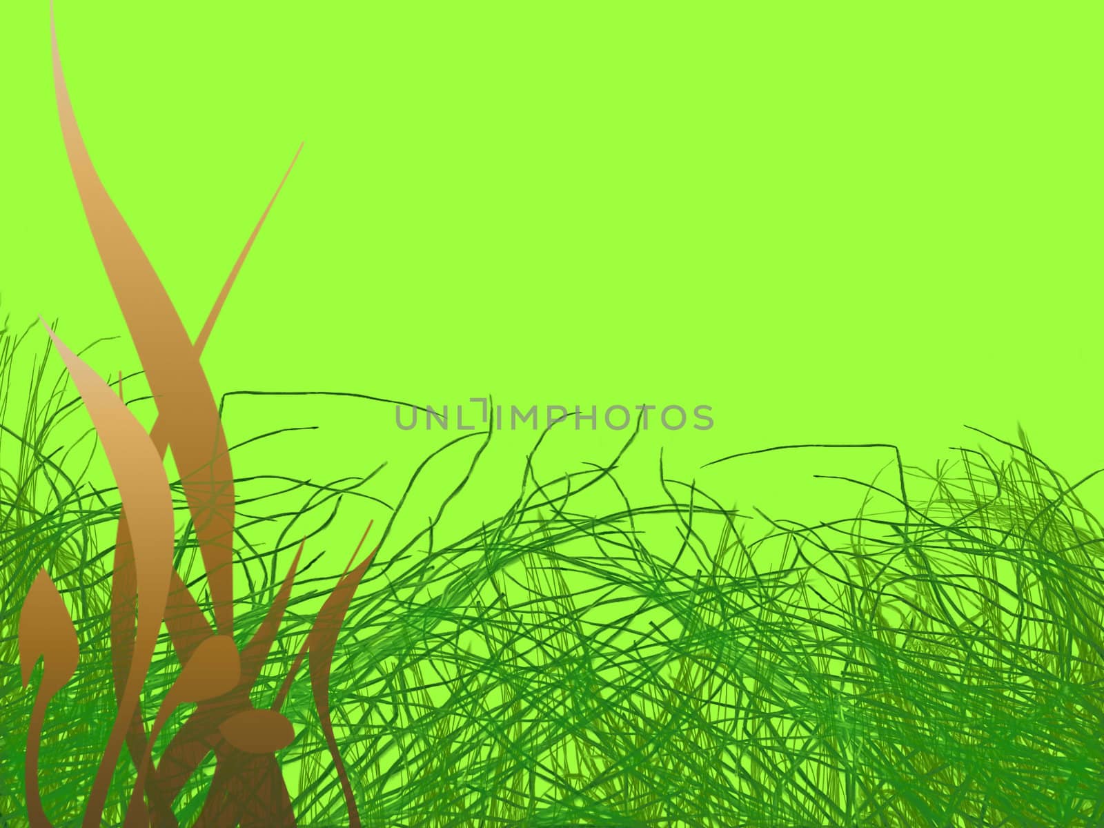 Green Grass Strands and Brown Leafy Pattern on light Green Background