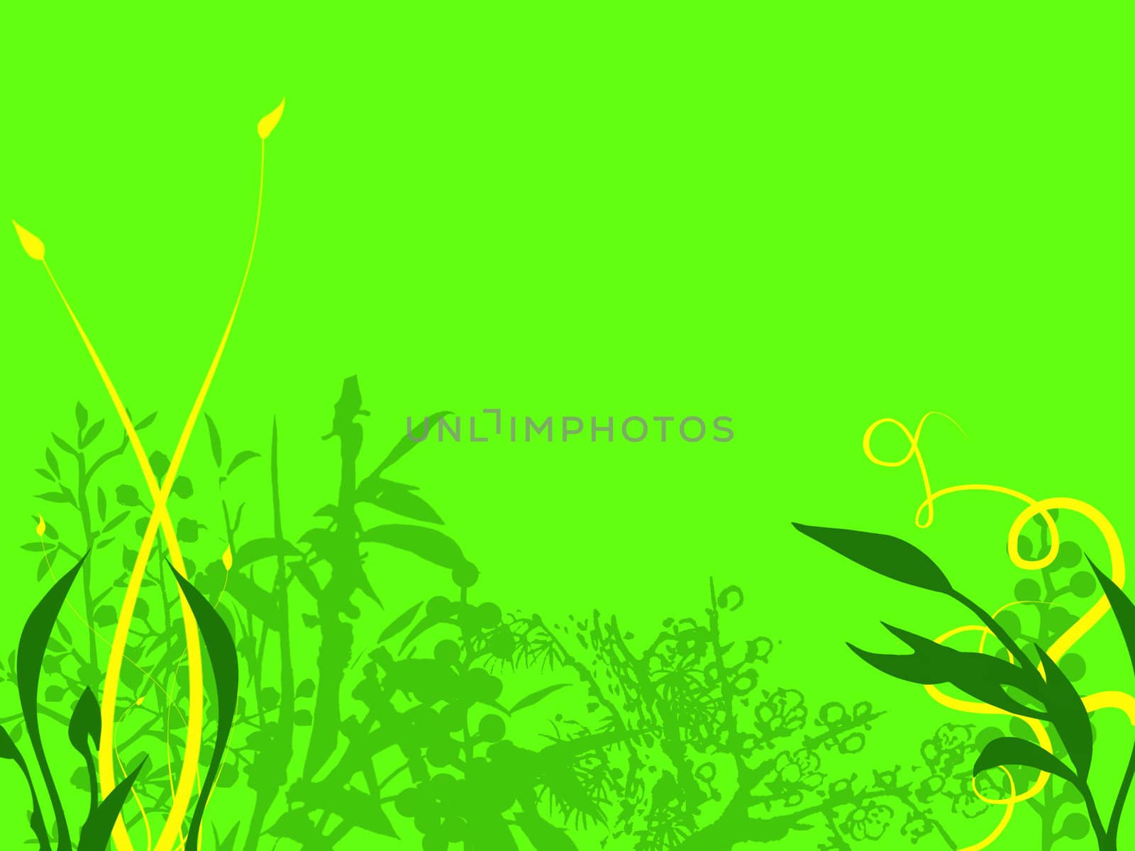 Abstract Background Texture Flowers and Leaves in Dark Green and Yellow on a neon Green Background