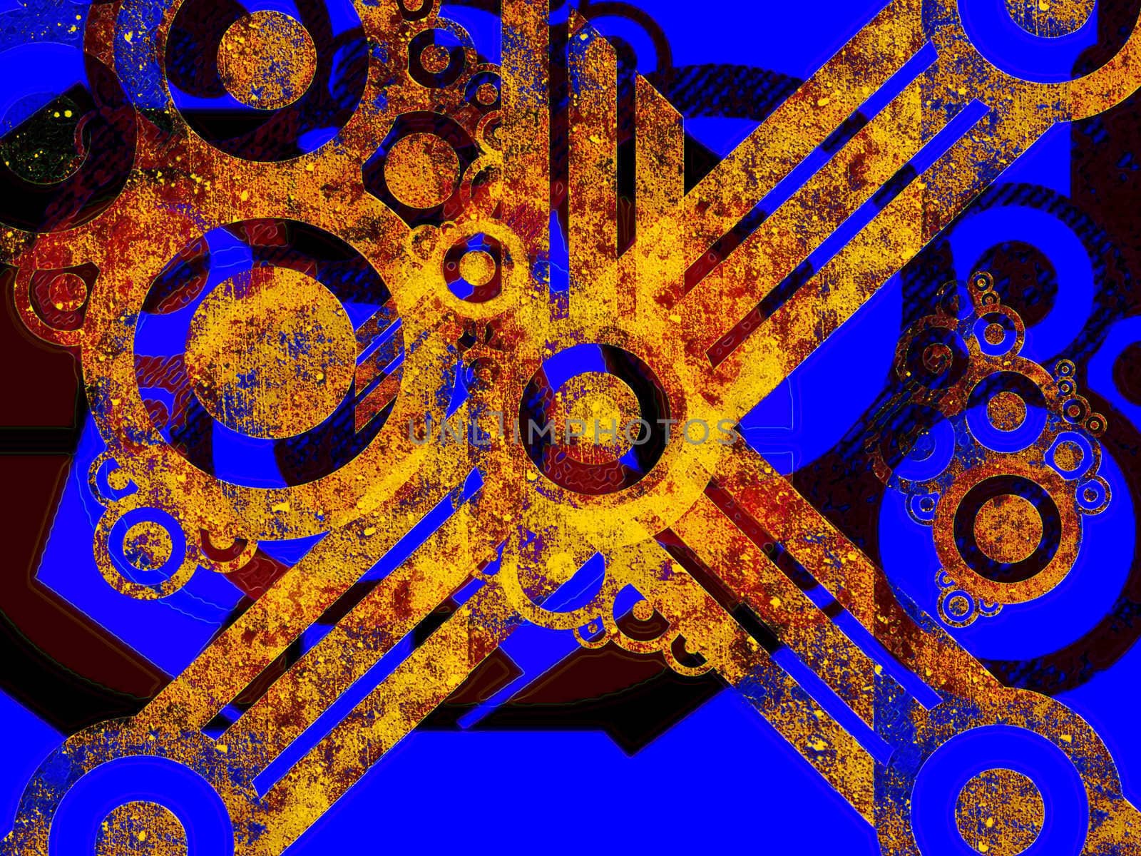 Rusted Industrial Machine Parts over Blue Abstract Illustration