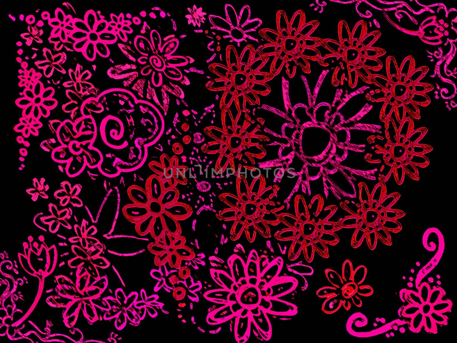 Neon Pink Various Flowers on Black by bobbigmac