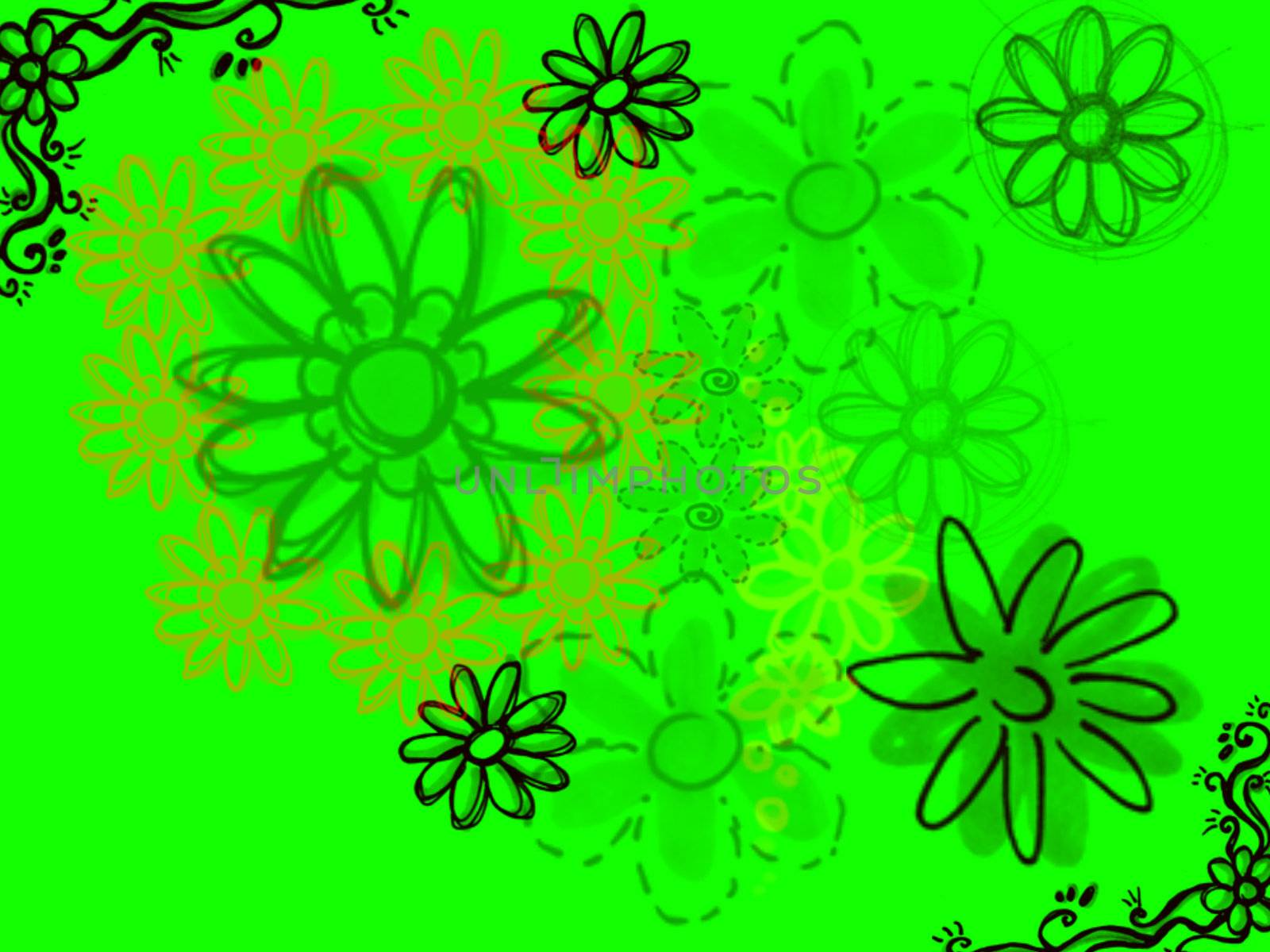 Sketched Flowers in Black on Bright Green by bobbigmac