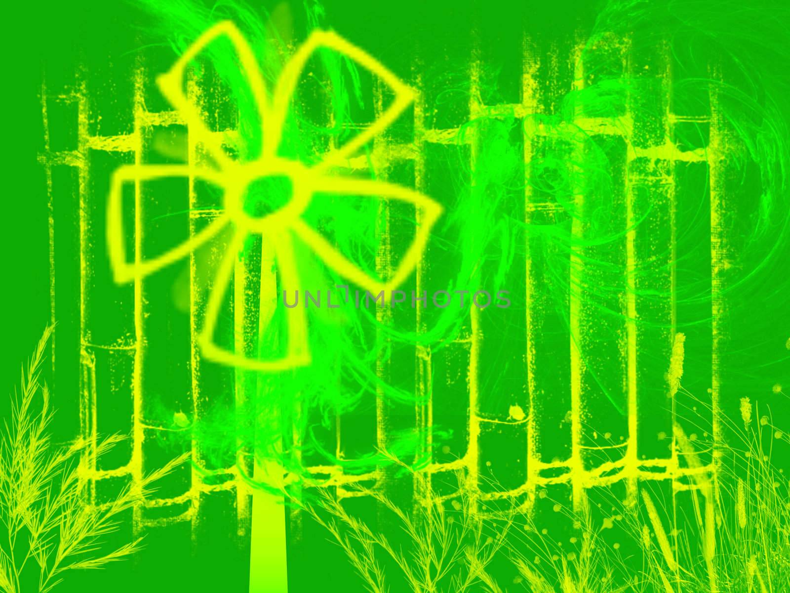 Cartoon Windmill Generator in Yellow on Green Background with Bamboo Effect and Wind Swoosh Style