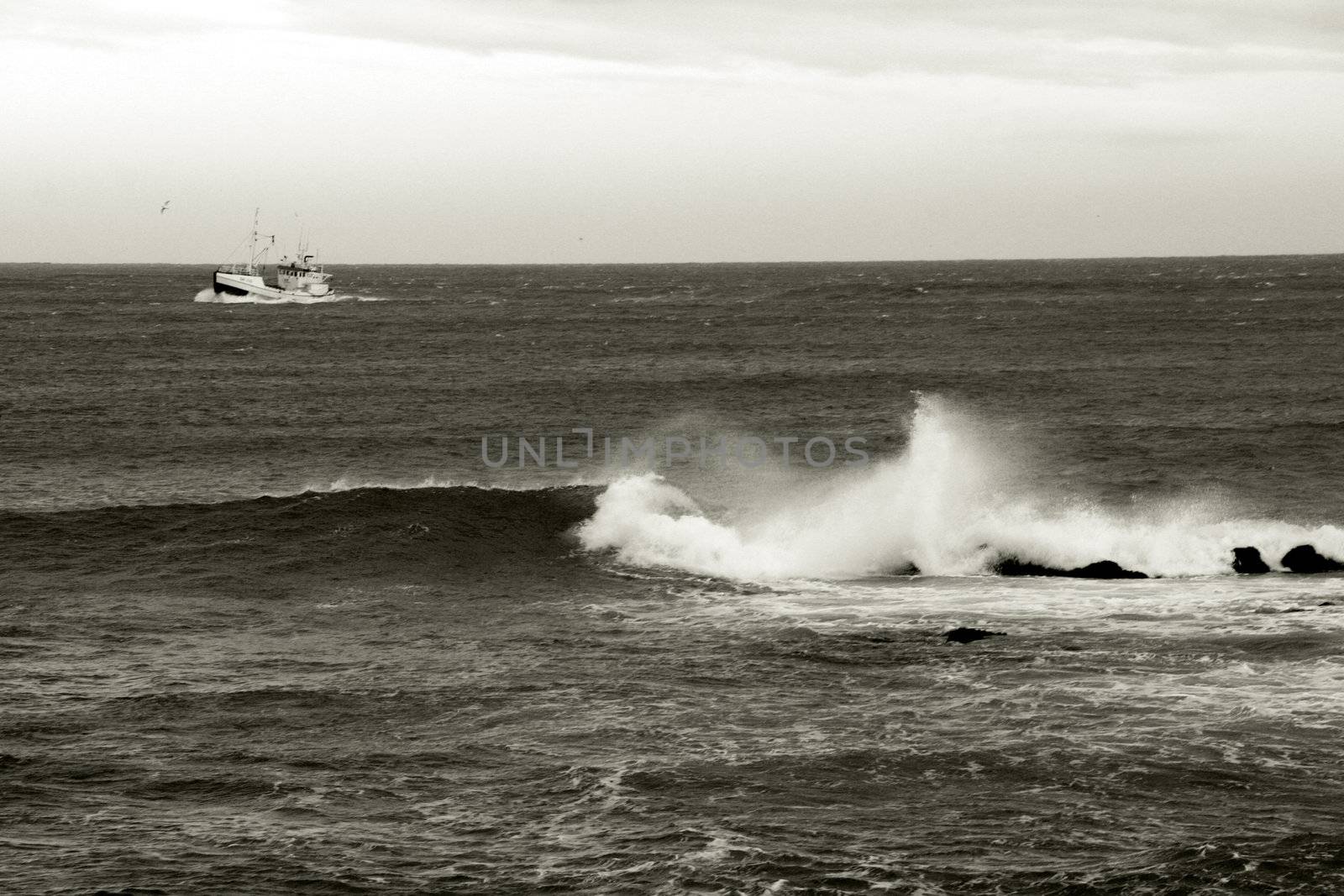 fishing ship in ocean, Iceland, sepia toned