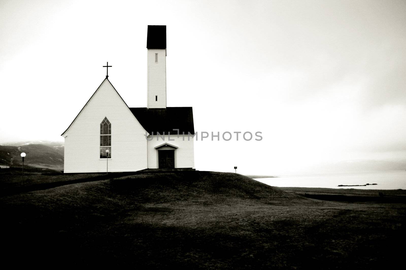 small white church by seaside, december, Iceland

