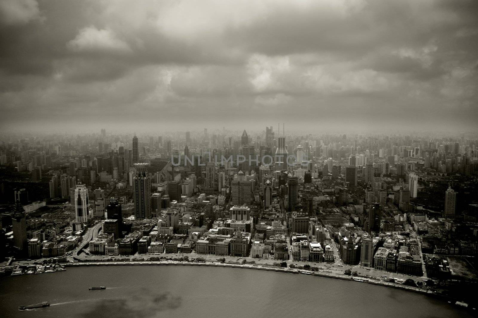 view from Oriental Pearl Tower on city smog over old city, Shanghai, China