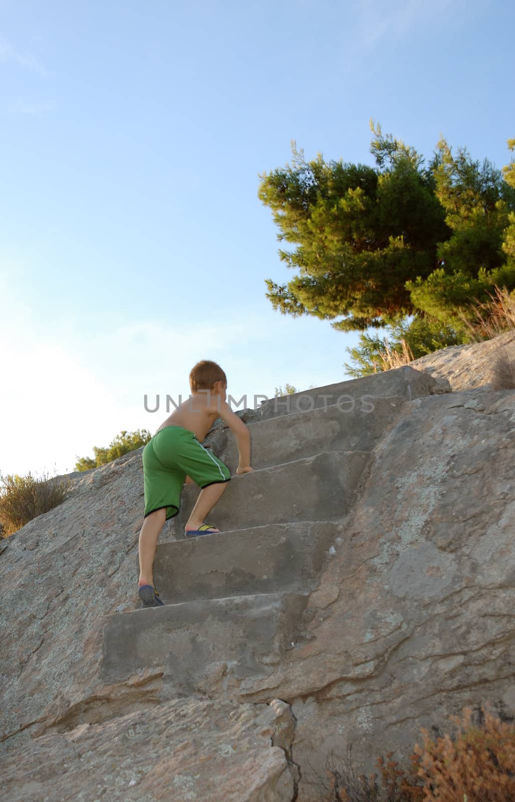 a boy is climbing on a stairway on a rock