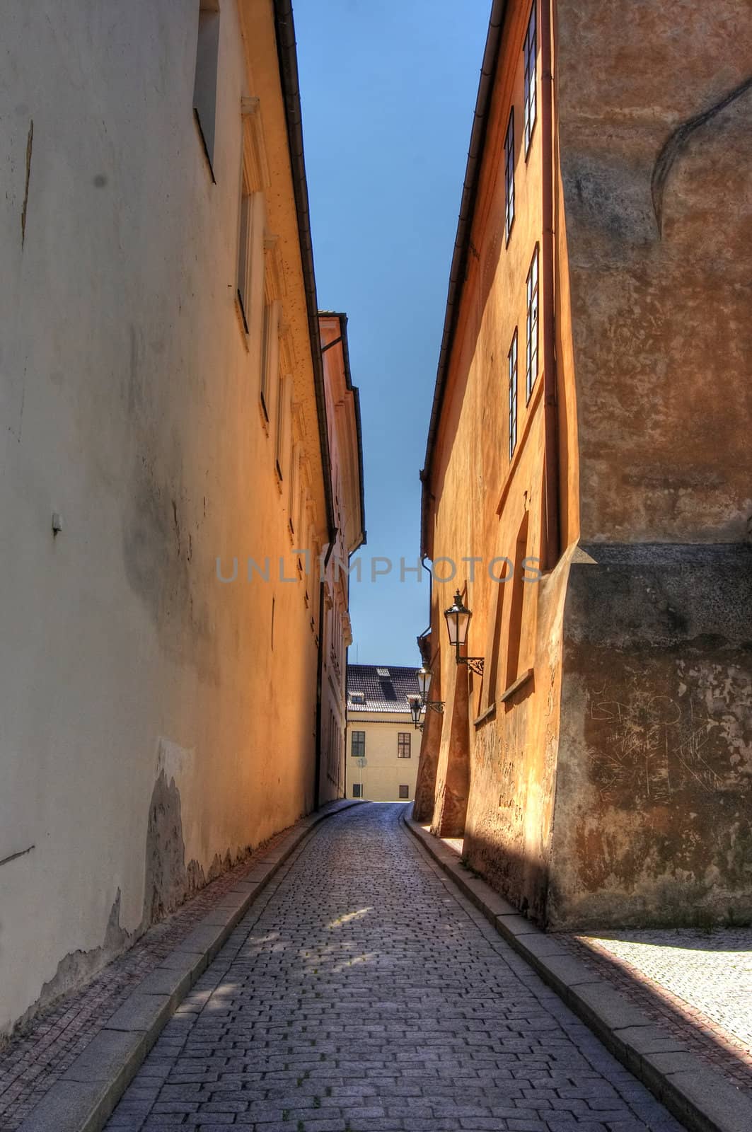 Shot of the typical Prague alleyway - historical centre of the Prague - Old Town, Stare Mesto. 
Prague, Czech republic, Europe.