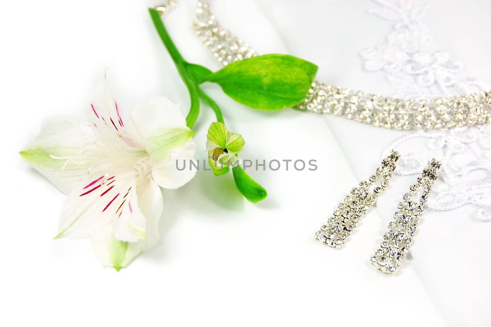 Wedding jewelery, laces, earrings and amaryllis flower
