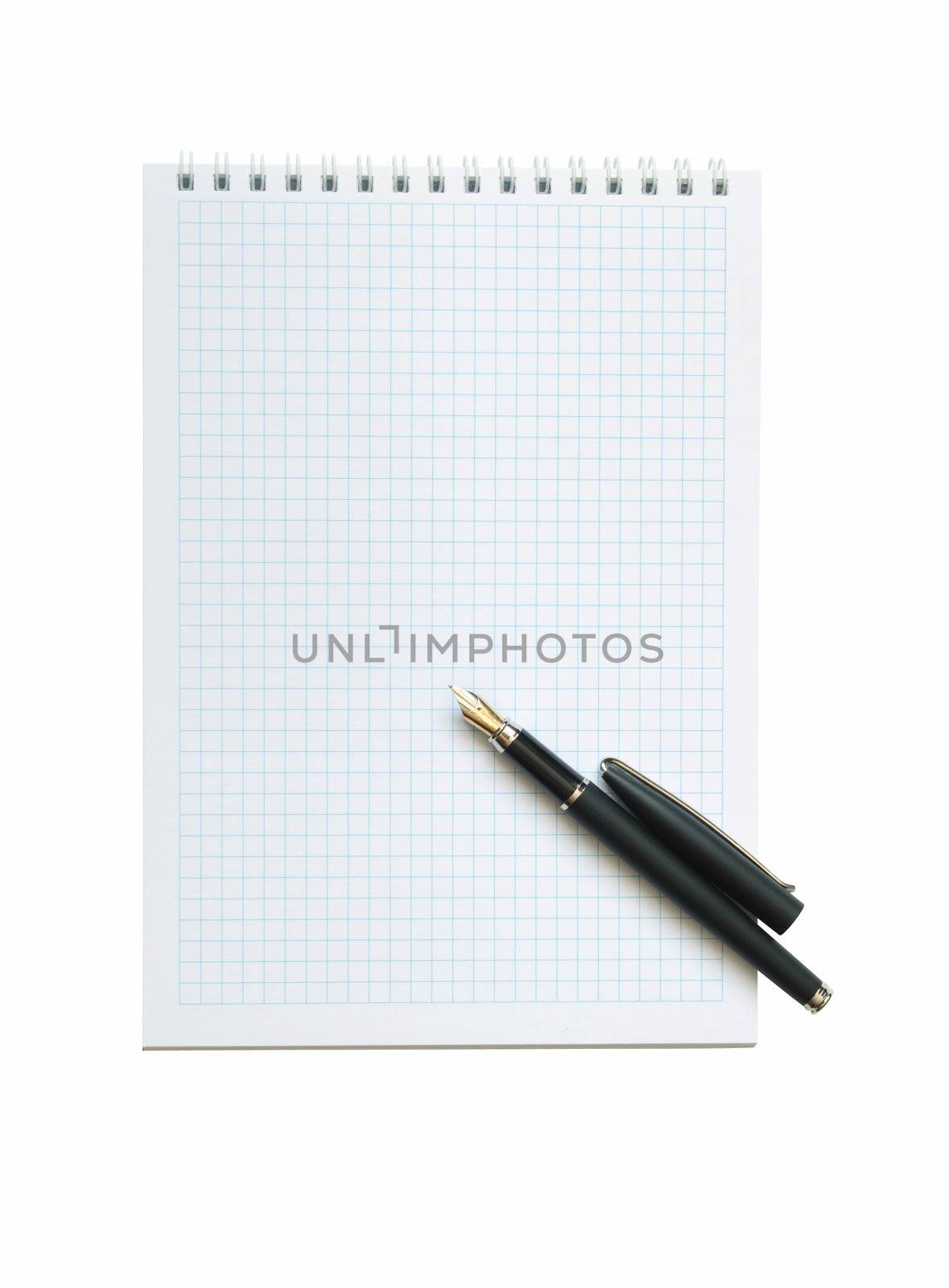 Fontain pen lying on open spiral notebook. Isolated on white with clipping path