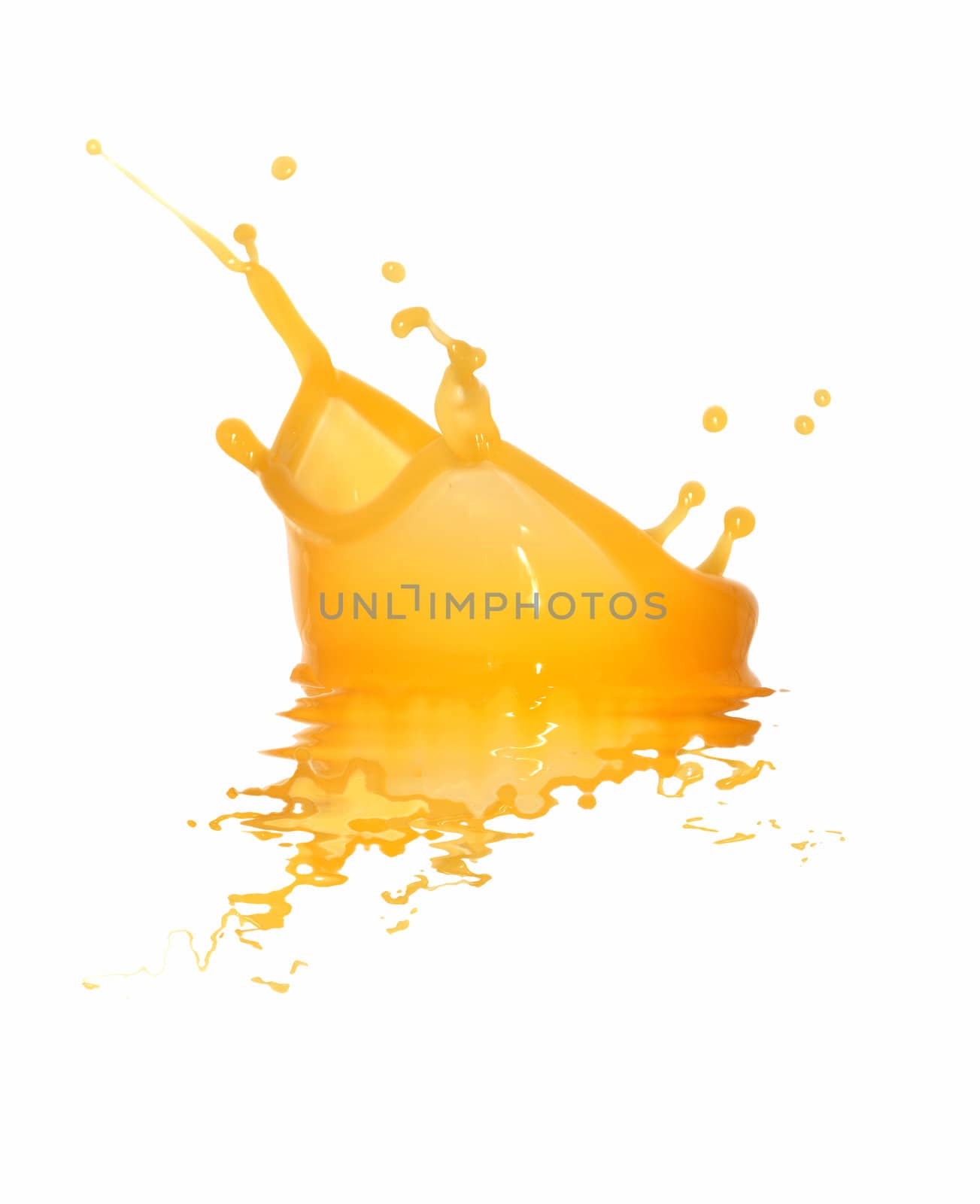 Closeup of splashing orange juice isolated on white background with clipping path