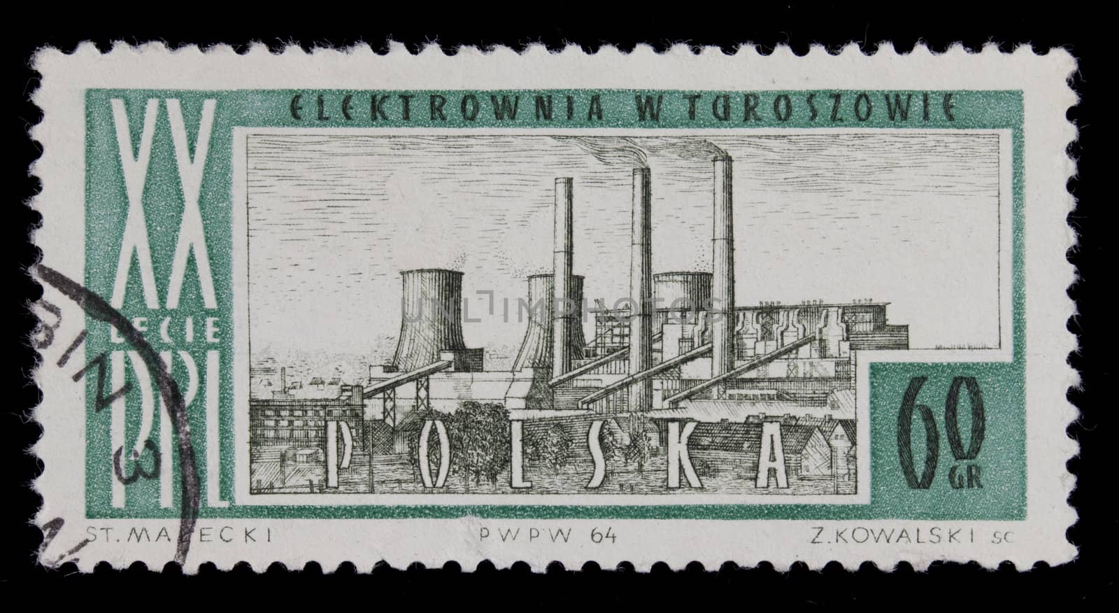 POLAND 1964 - vintage canceled post stamp with drawing of coal power plant in Turoszow, commemorating 20th anniversary of Polish People Republic, black background