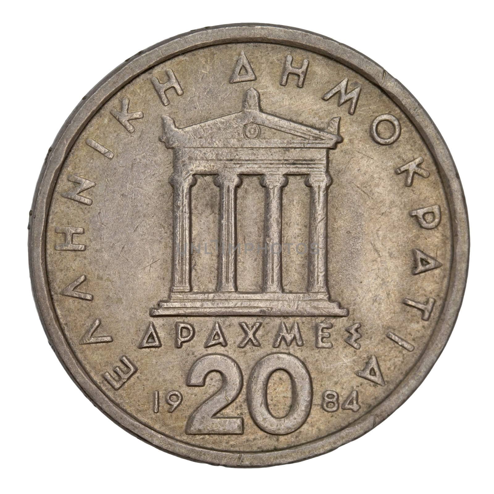 Parthenon, ancient Greek temple, schematically represented on old circulated 20 drachma coin from 1984 (copper with allumnium and nickel)
