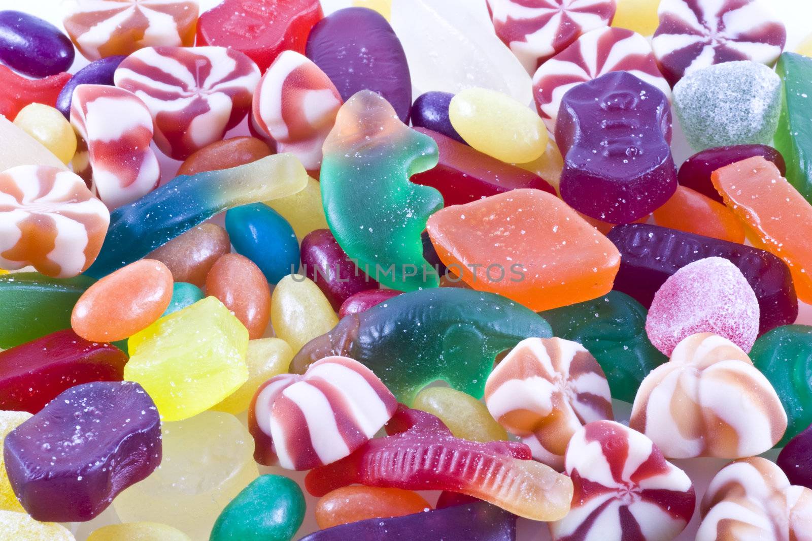 Close up of different kinds of colorful candy.