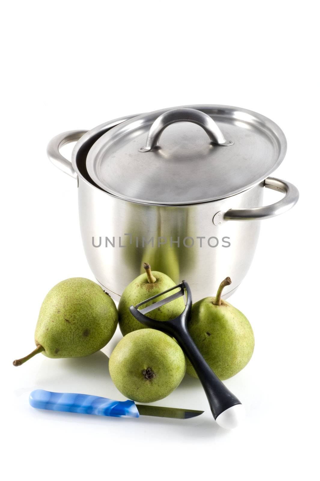Pan and pears isolated on a white background.