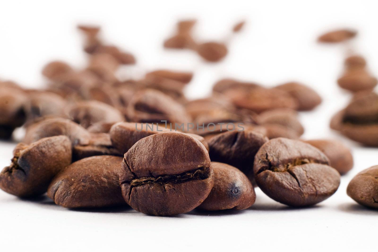 Coffee beans close up over white