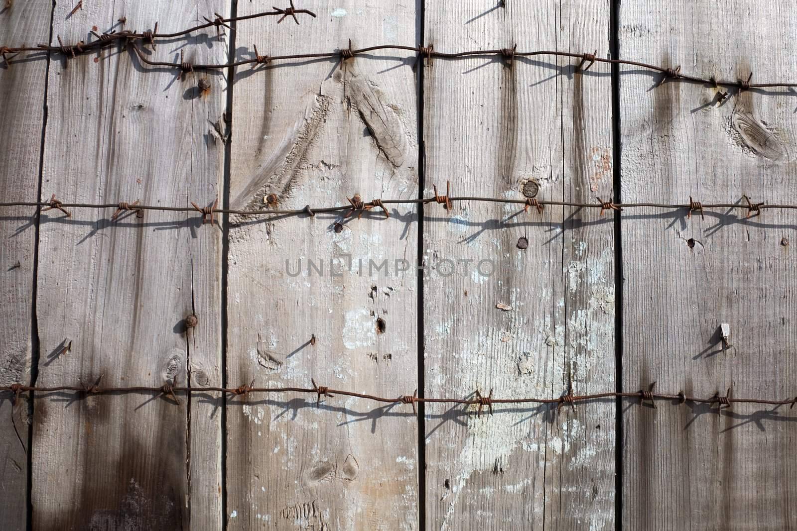 Wooden fence entangled by a barbed wire