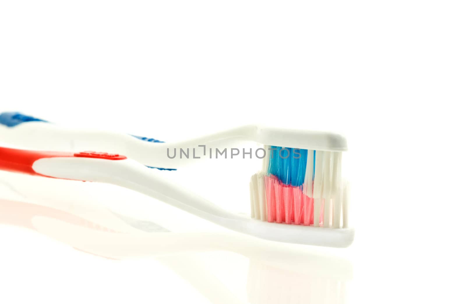 two toothbrushes for couple  over white. Shallow DOF. Focus on bristle.