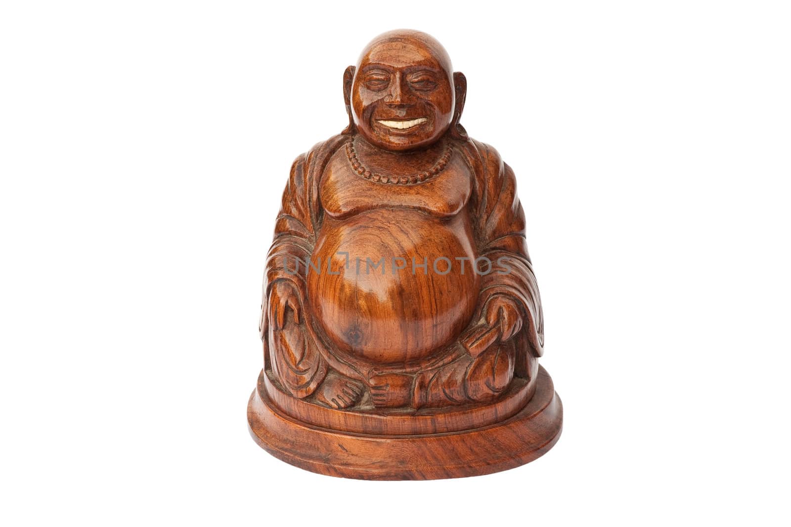 smiling Buddha wooden statuette isolated on white background