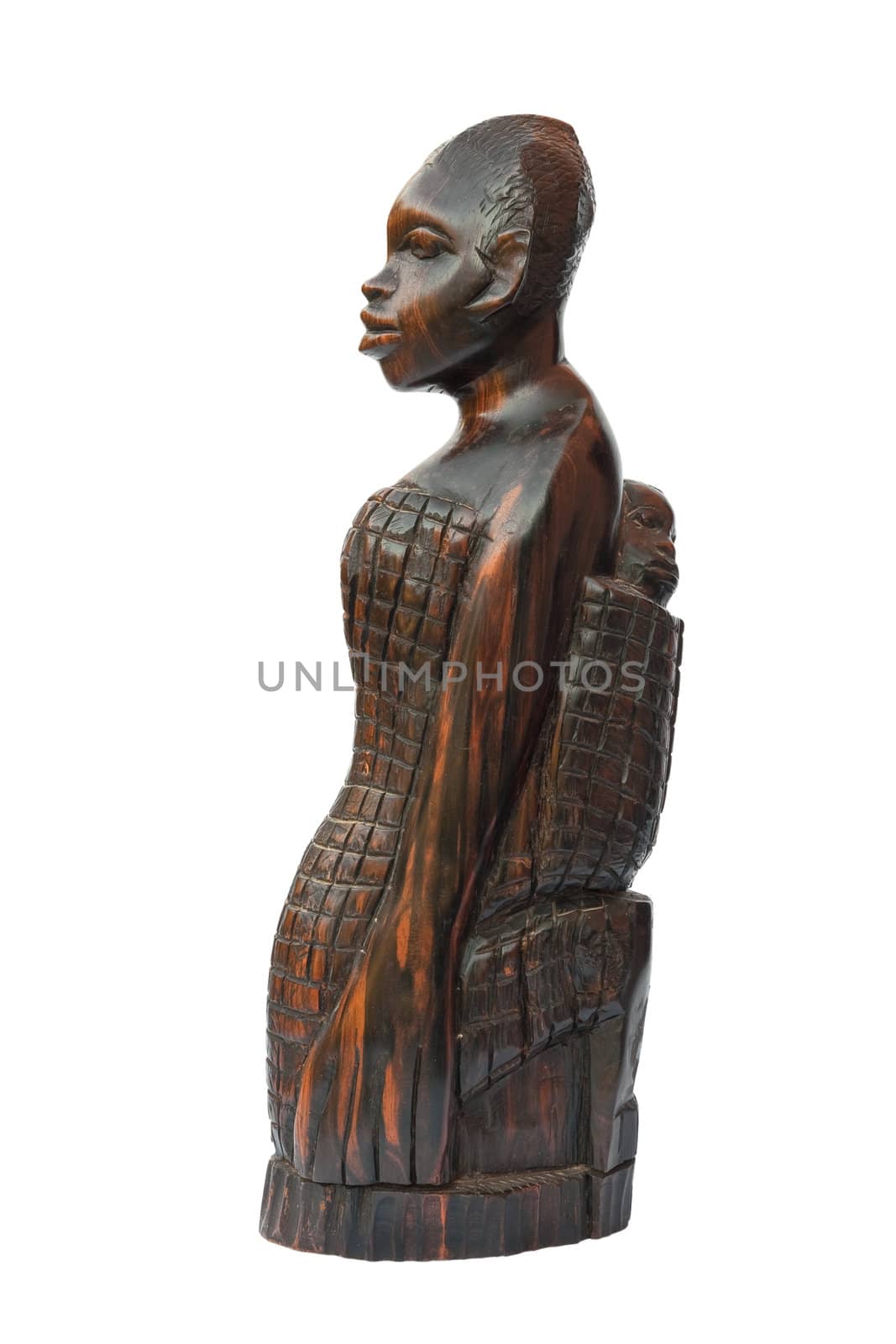 Wooden carved african woman with child isolated on white background with clipping path
