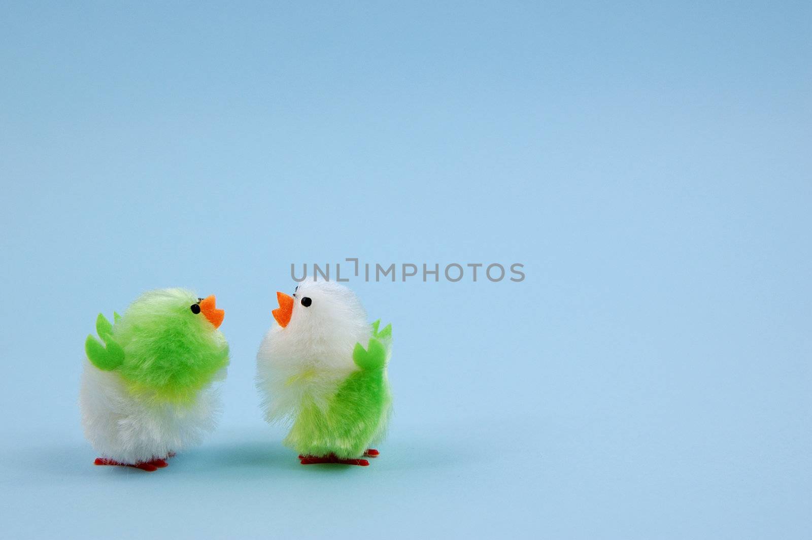 Two easter chicks on blue background by maggiemolloy