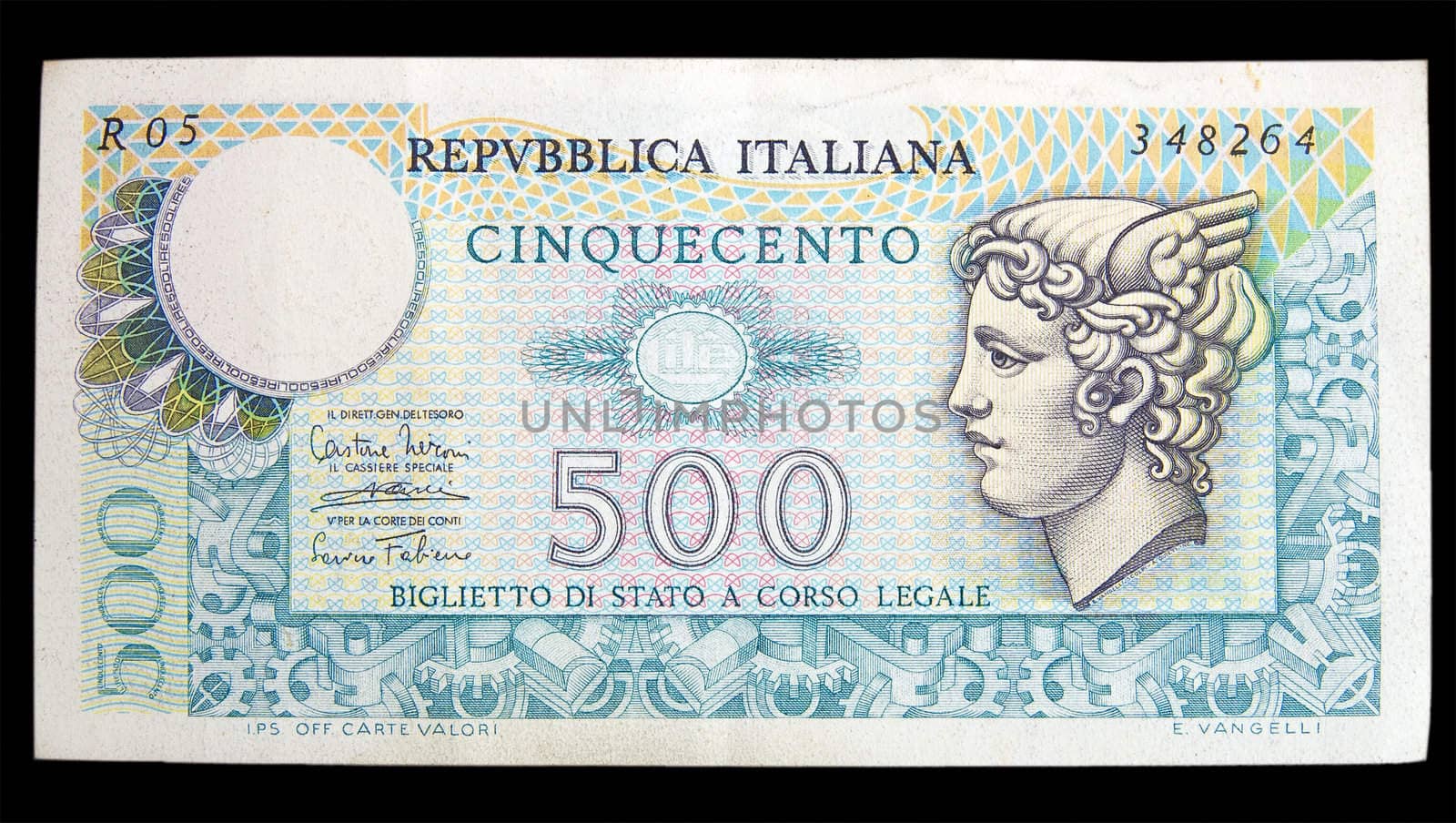 five hundred lire Italian banknote isolated on black background
