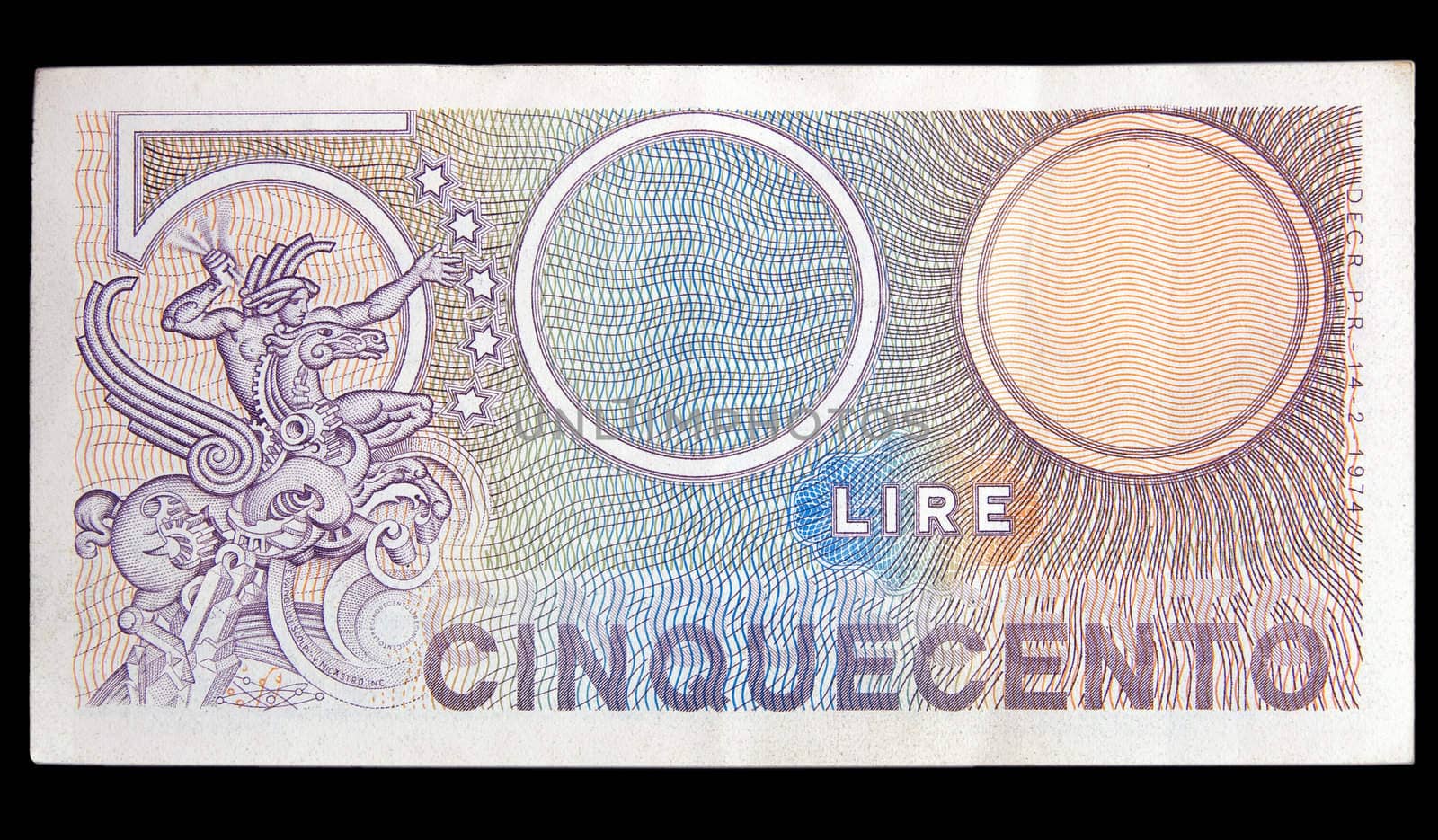 five hundred lire Italian banknote isolated on black background