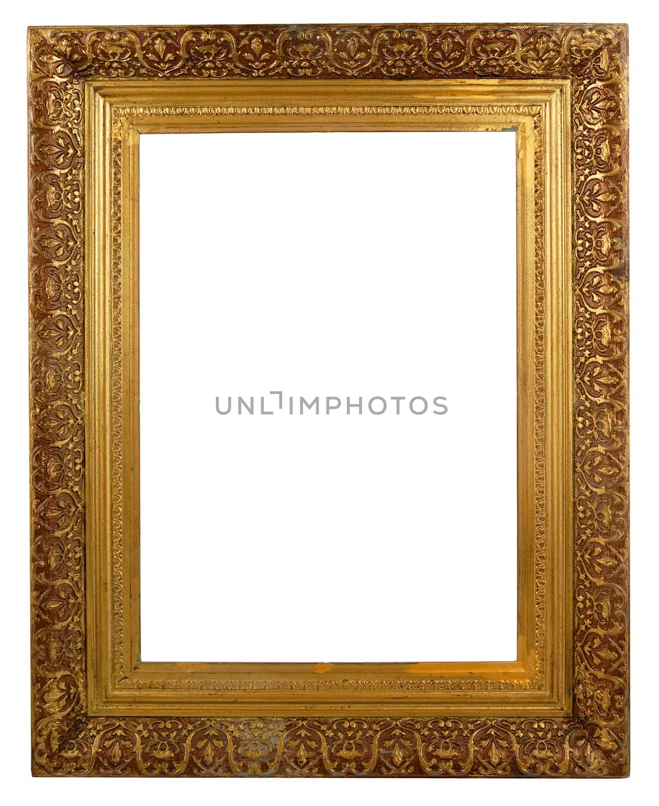 Brass colored picture frame isolated on white. Ornate carvings