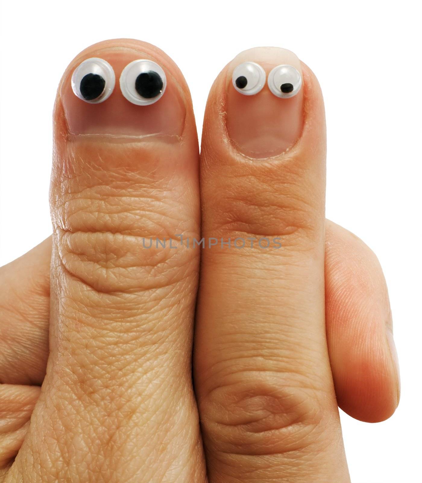 Two fingers of hands with doll eyes