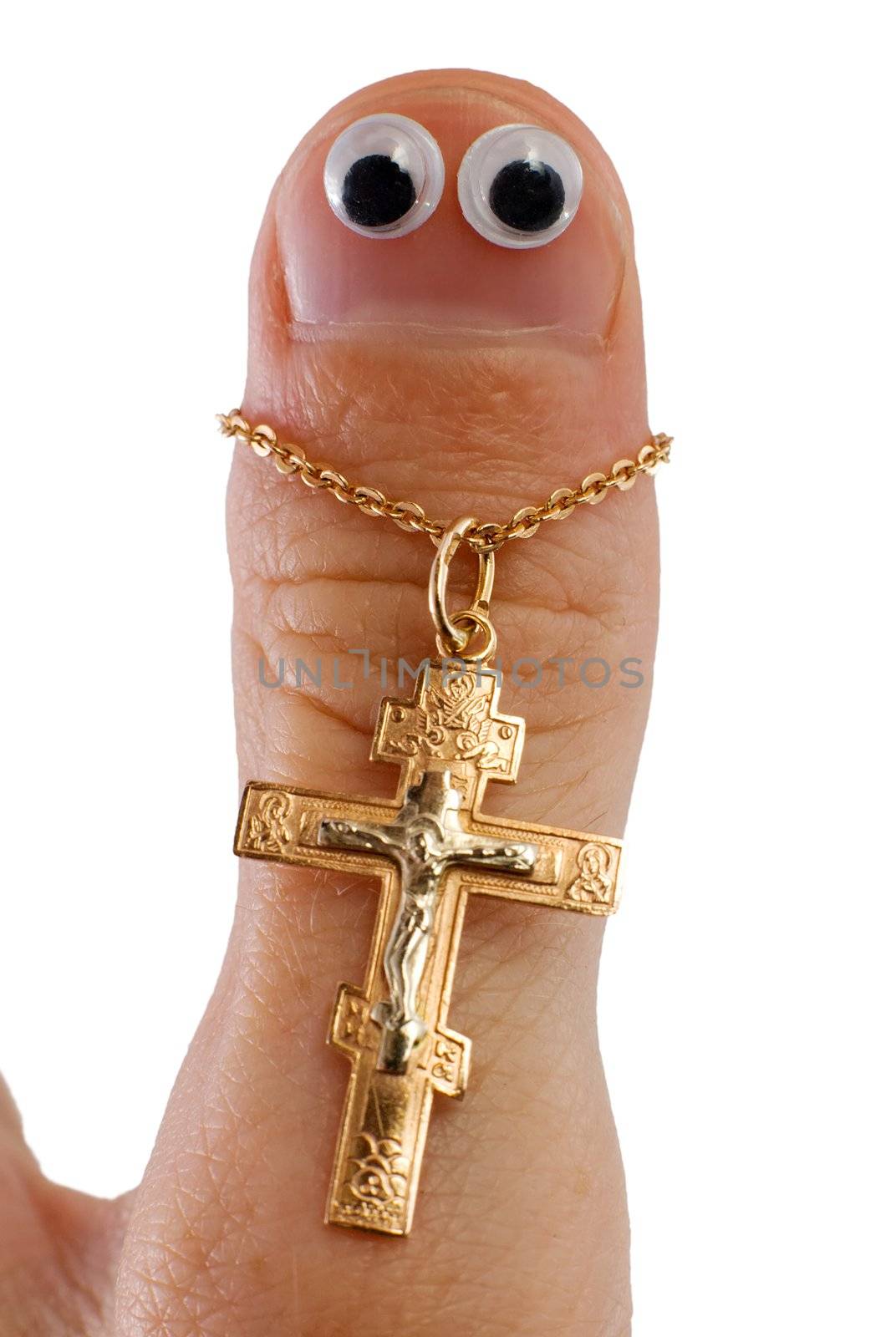 Finger with doll eyes and a cross
