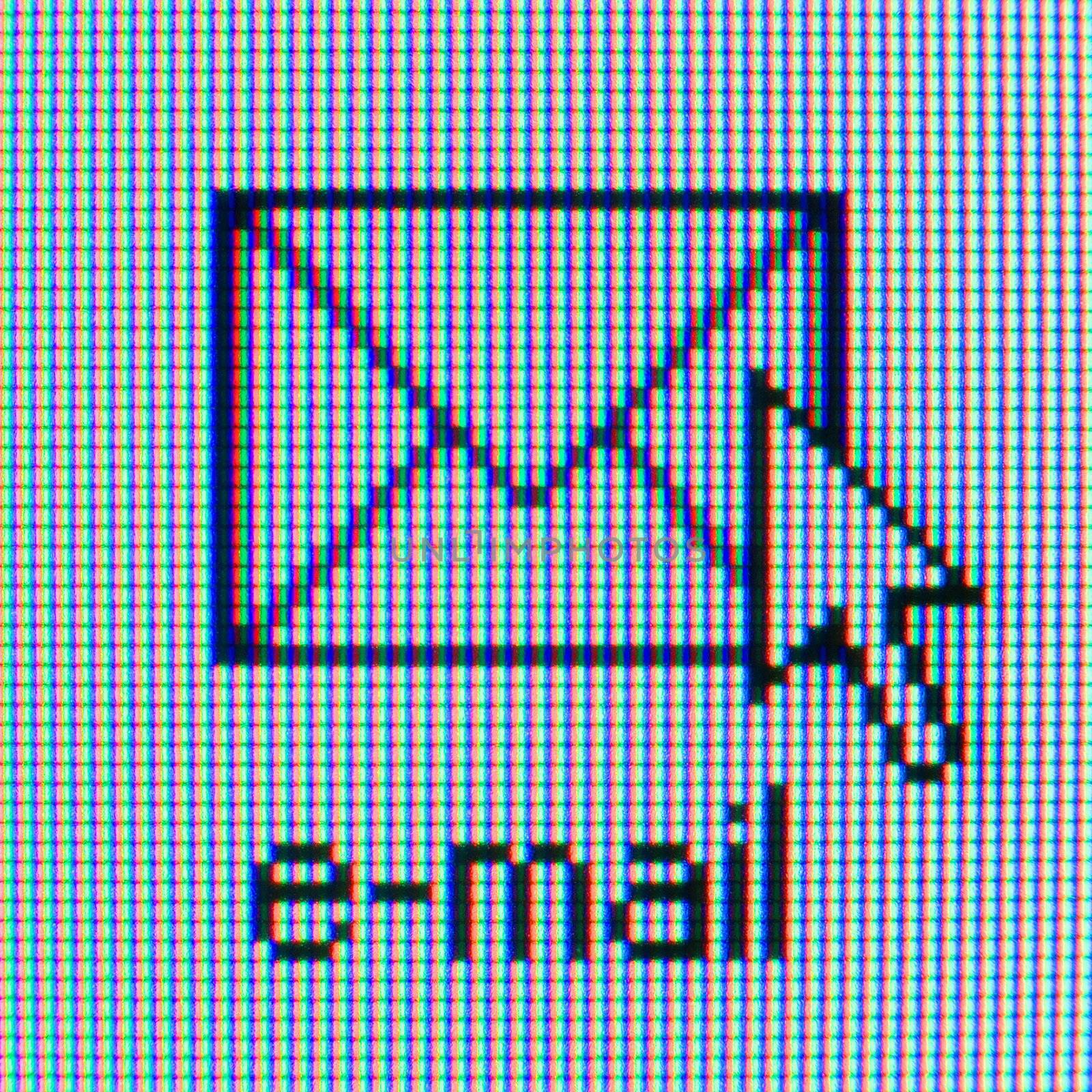 Macrophoto of a matrix of the monitor with an icon and the cursor