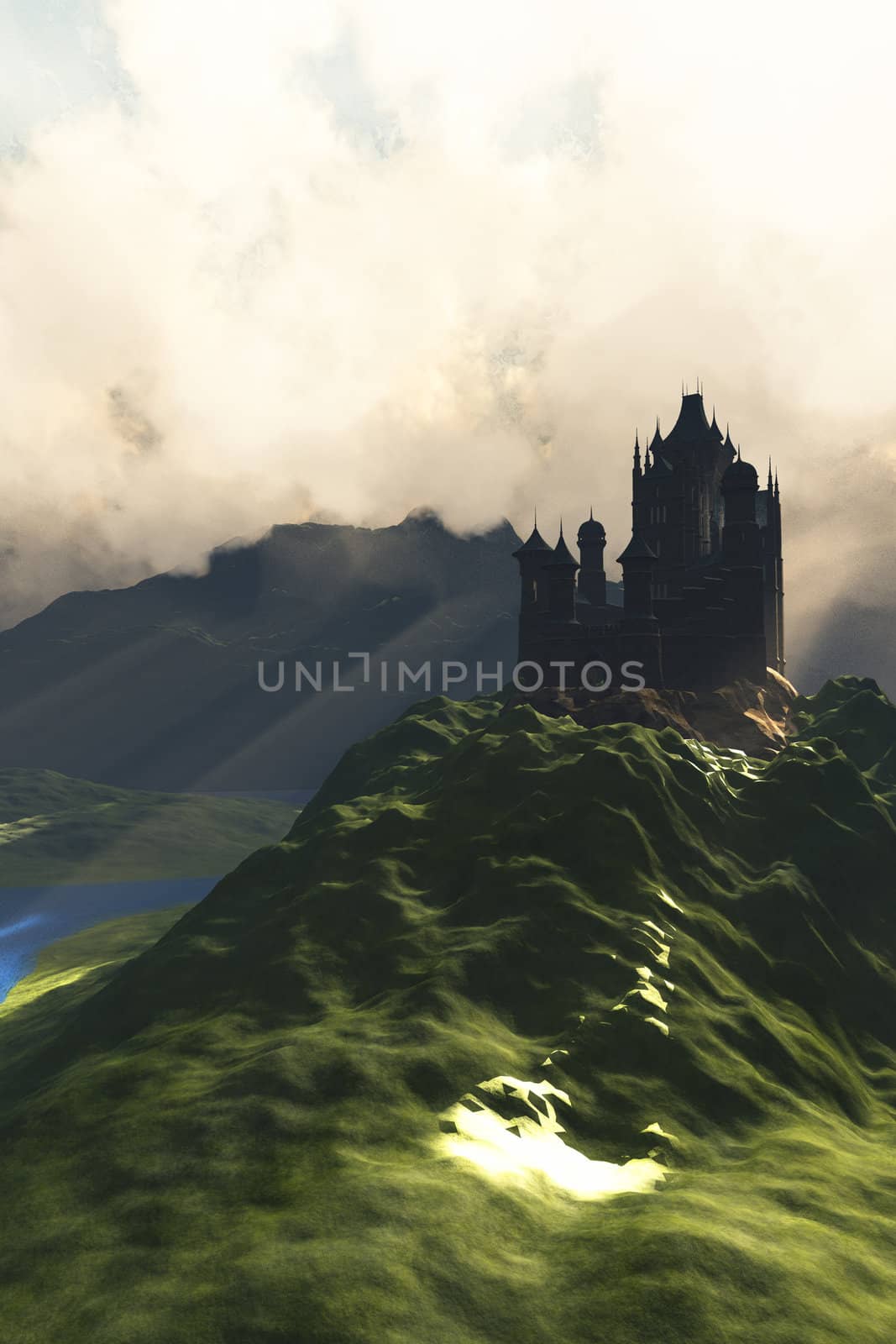 A beautiful castle sits on the top of a hill overlooking a lush green river valley.
