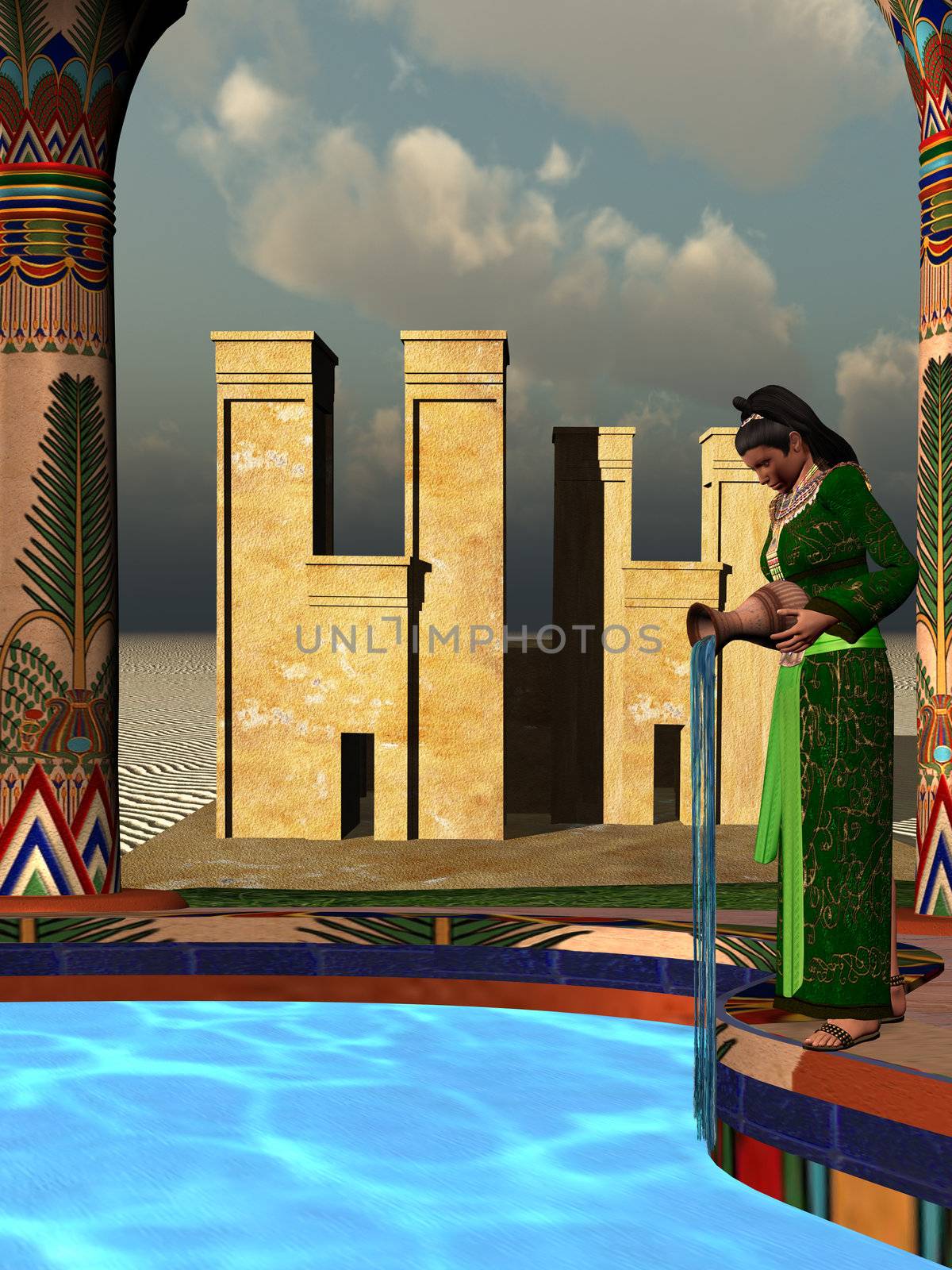 A beautiful Egyptian woman adds perfumed oils to the water in the palace.