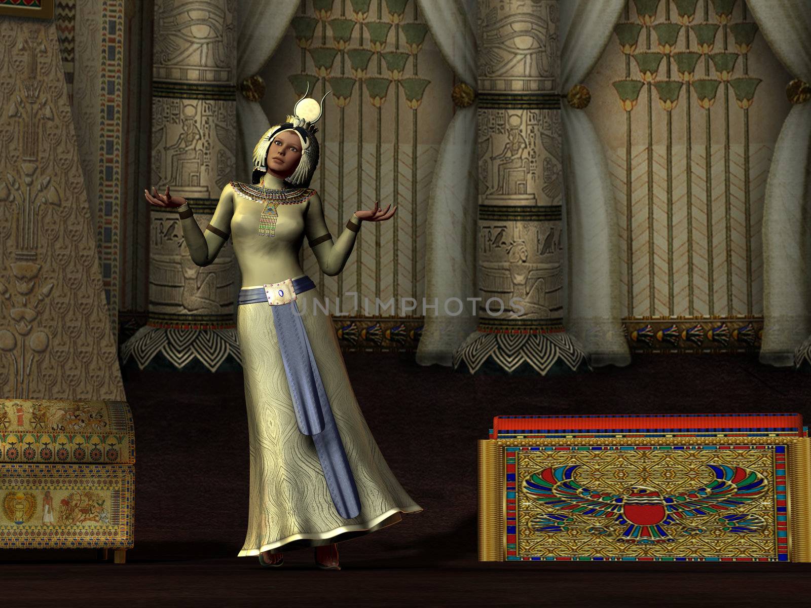 An Egyptian queen dances for the pharaoh in her palace chambers.