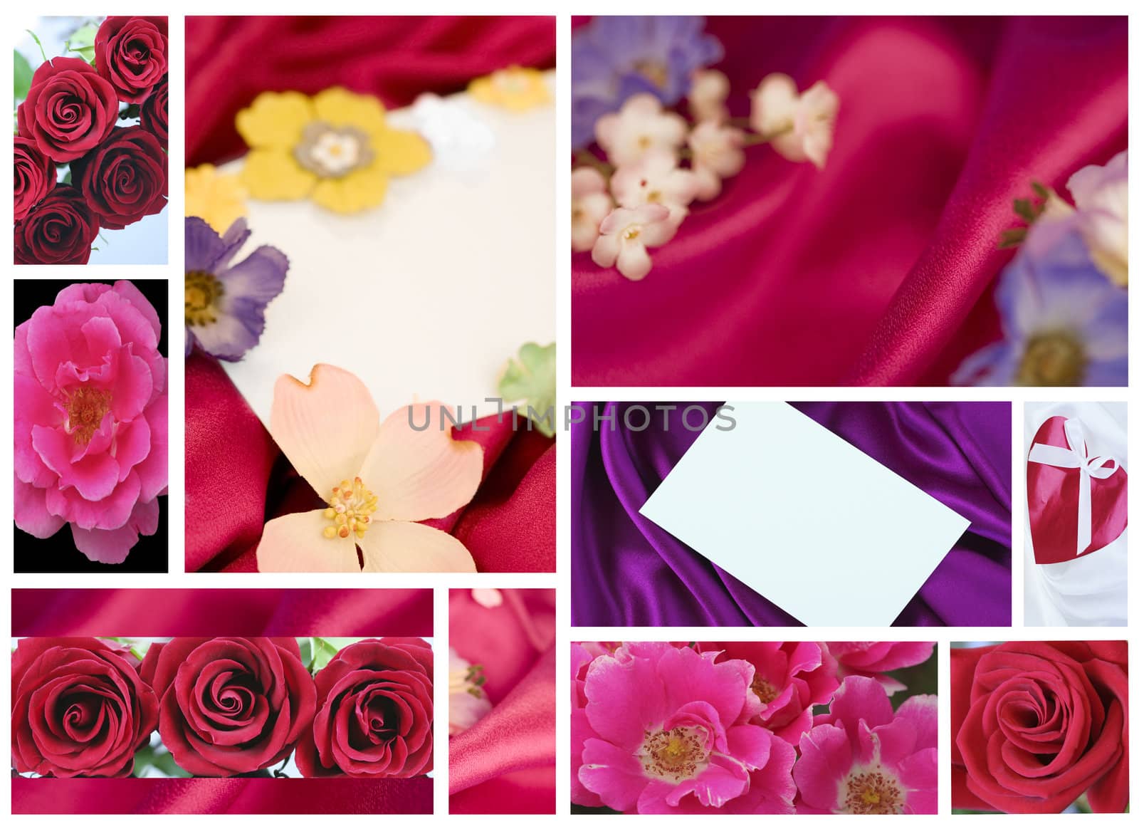 Valentine or Mother's Day collage with roses and satin cloth