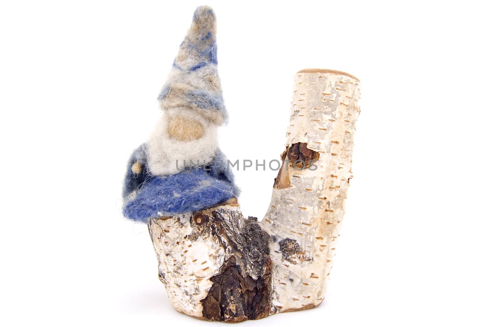 Felt gnome on a birch log by shalunishka