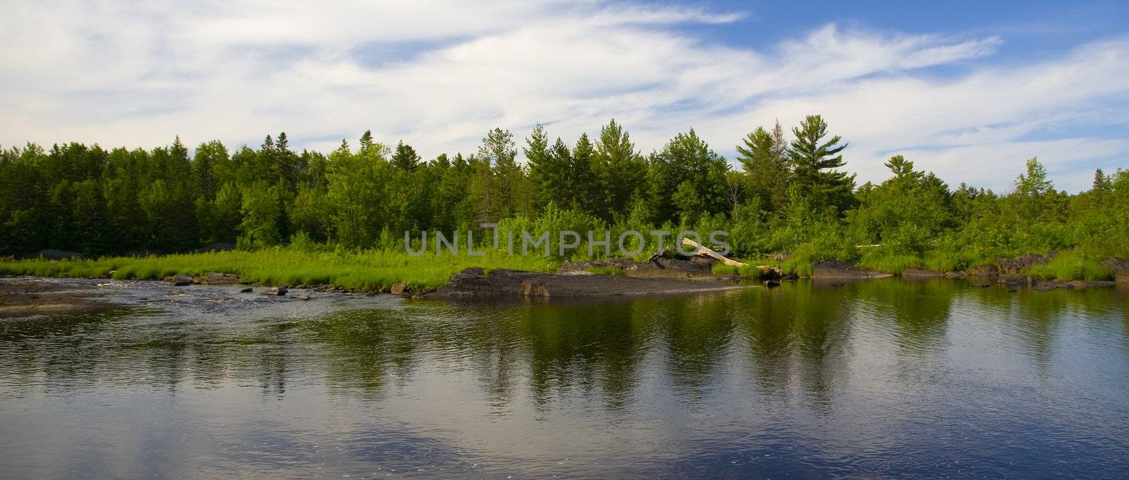 Forest of the North Woods of Minnesota across the reflection of a still river.