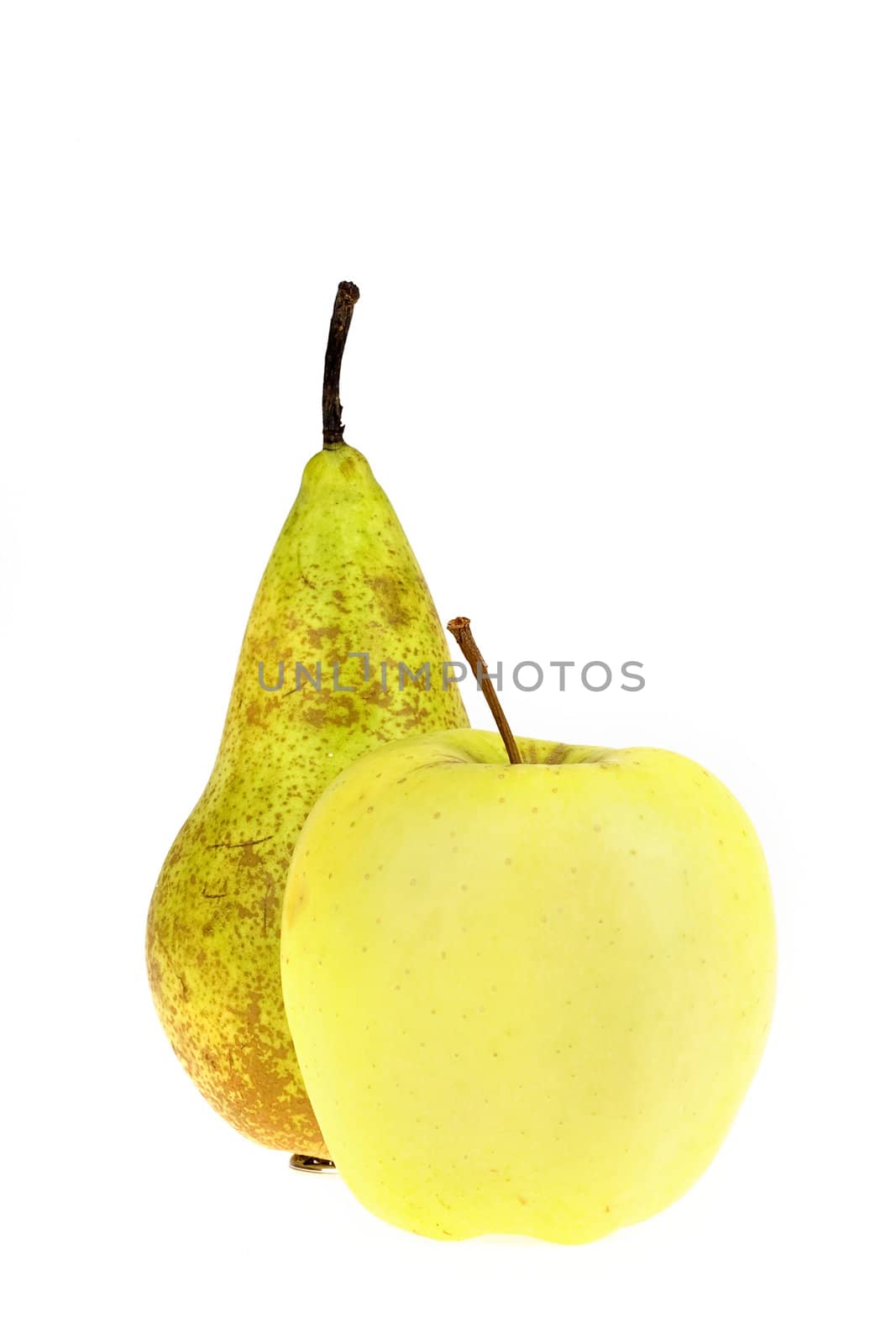 an apple and a pear on a white background