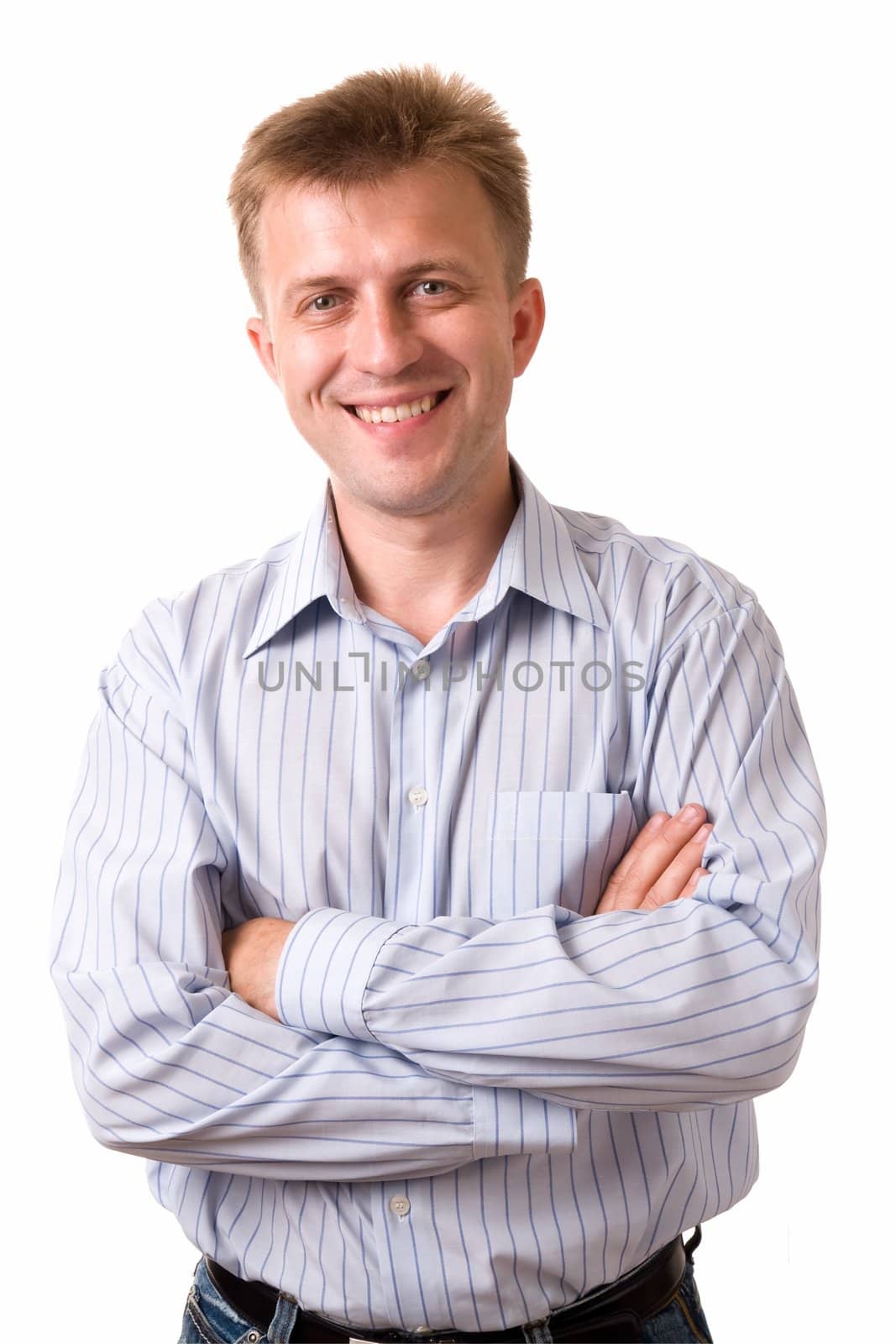 young smiling man on a white background.
