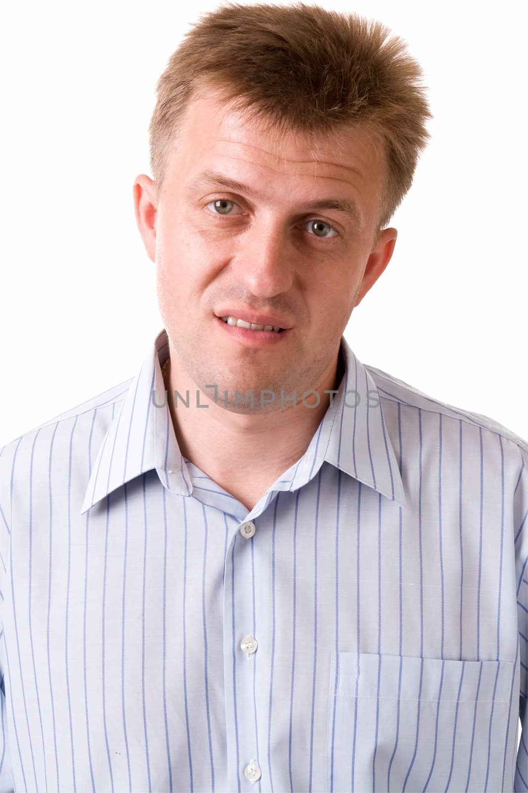 The dissatisfied man on a white background.