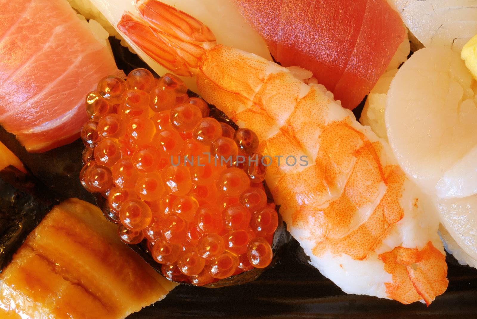  mixed traditional Japanese sushi set, close up shot