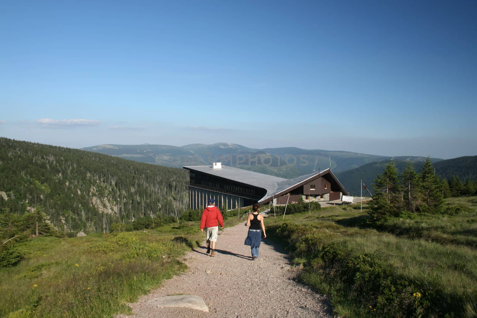 tourist heading to czech hostel, Labska Bouda, mountain landscape